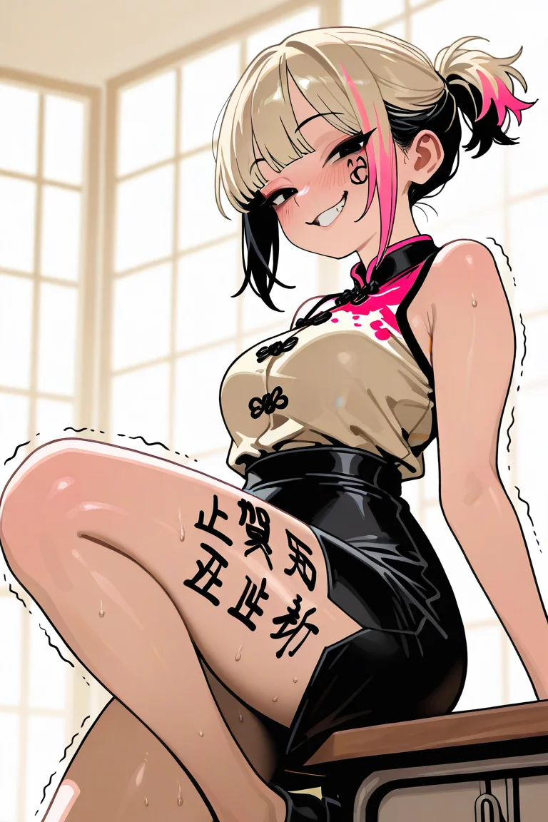 blonde short hair, pink highlights, double colored hair, short ponytail, bangs, asian woman, adult, black eyes, naughty face, body writing, trembling legs, climbing on table,
flat muted color
gothic_glittercore