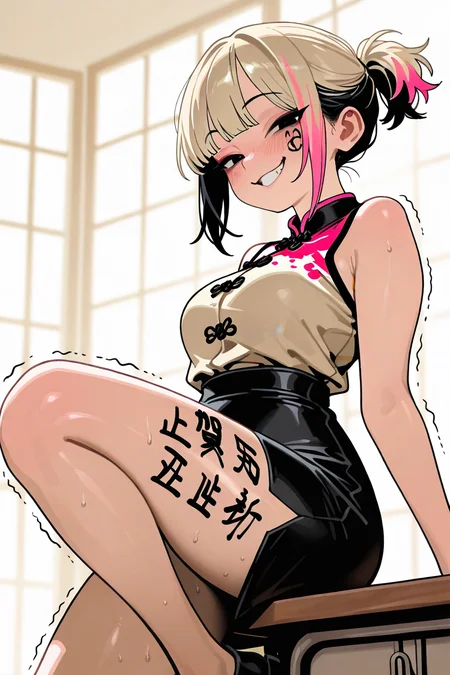 blonde short hair, pink highlights, double colored hair, short ponytail, bangs, asian woman, adult, black eyes, naughty face, body writing, trembling legs, climbing on table,
flat muted color
gothic_glittercore