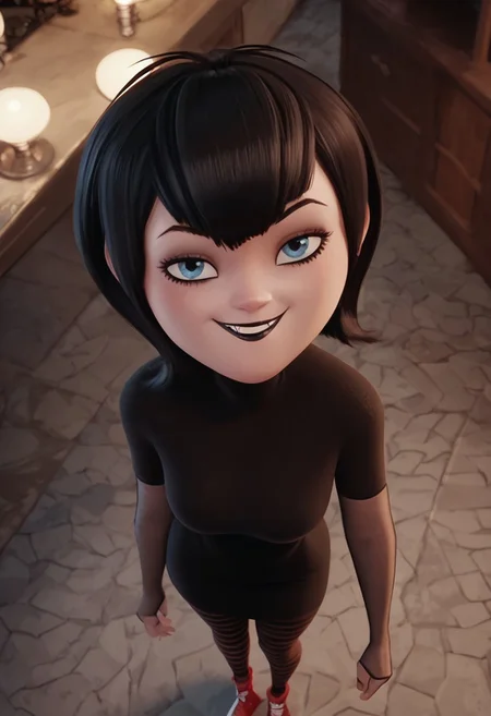 score_9, score_8_up, score_7_up, ultra quality, solo, 1girl, black hair, short hair, blue eyes, fangs, black lips, black nails, , black dress, grey elbow gloves, striped pantyhose, red sneakers, smug smile, butt focus, breasts, big hips, huge butt, bubble butt, curvy, narrow waist, standing, looking to the viewer, view from above, close up, screencap