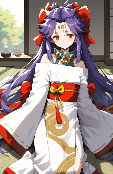 score_9, score_8_up, score_7_up, source_anime, rating_explicit, BREAK <lora:kakurine_Ver2.1_XL:1> kakurine, facial mark, forehead mark, red eyes, purple hair, long hair, sidelocks, hair bow, collar,
bare shoulders, japanese clothes, long sleeves, white kimono, Yellow swirl print,
tatami, room, candle, Japanese,