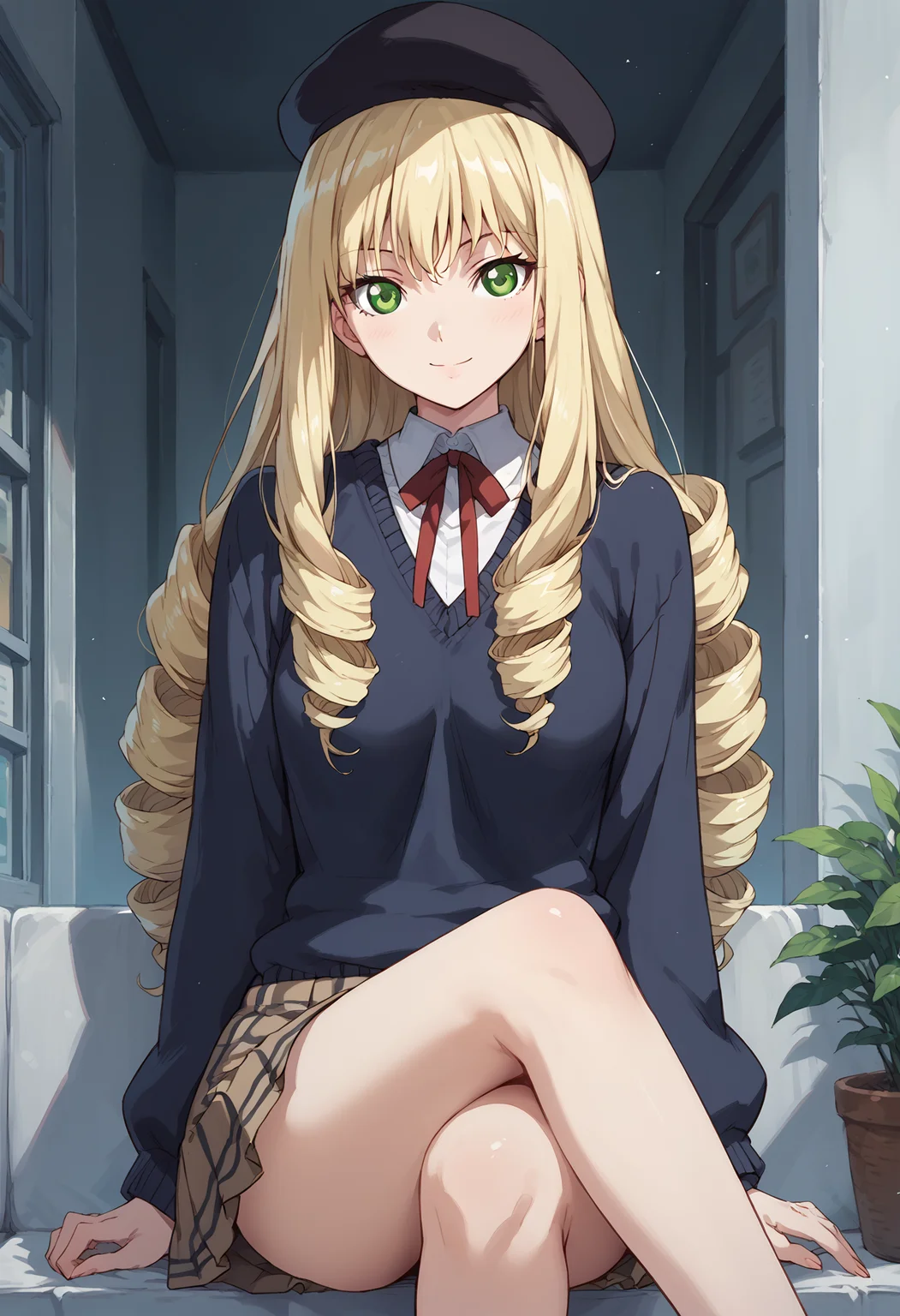 score_9, score_8_up, score_7_up, , score_ANIME , adilisia, 1girl, solo, blonde hair, green eyes, long hair, drill hair, pleated skirt, crossed legs,, black hat, black sweater, <lora:adilisia_pony2:0.9> breasts, (cowboy shot:1.5), looking at viewer, green eyes, smile