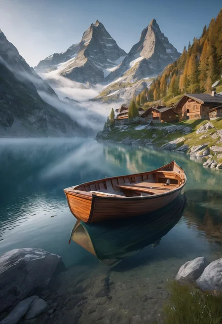 8k breathtaking view of a Boat on the waterside, Swiss alp, mountain lake, milky haze, morning lake mist, masterpiece, award-winning, professional, highly  undefined, snow, mist,  in the distance,