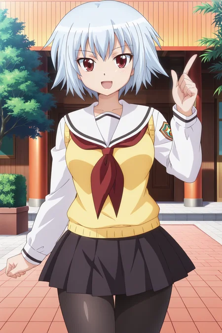 anime screenshot, ben-tou, 1girl, solo, yarizui sen, blue hair, short hair, red eyes, medium breasts, school uniform, serafuku, white shirt, long sleeves, white sailor collar, yellow sweater vest, black skirt, pleated skirt, red neckerchief, black pantyhose, looking at viewer, smile, open mouth, index finger raised, cowboy shot, outdoors, masterpiece, best quality, high quality, highres, absurdres, <lora:yarizui_sen_ILXL:0.9>