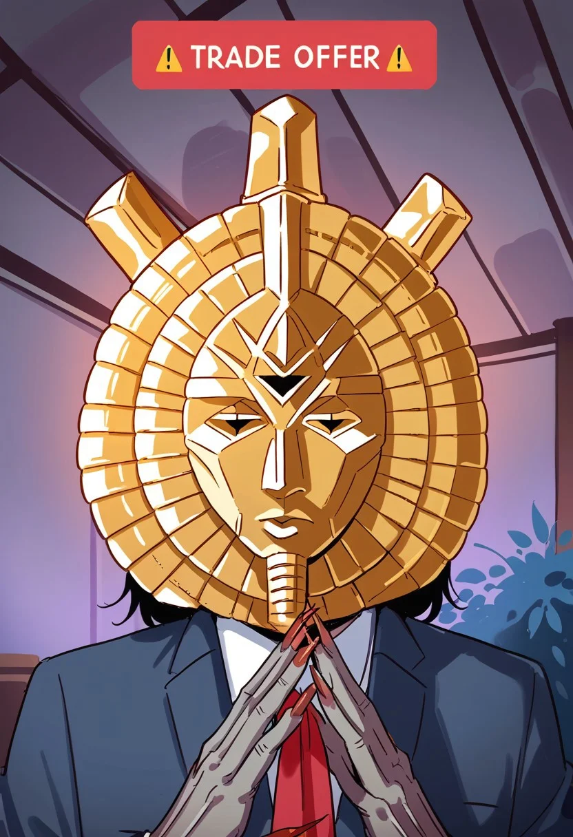 score_8, score_8_up, score_7_up, source_anime, anime screenshot, 1boy, male focus, solo, DagothUr_TES3, grey skin, colored skin, gold mask, mask, third eye, gorget, gold gorget, suit, long fingers, long fingernails, sharp fingernails, own hands together, upper body, standing, full body, looking at viewer, TradeOfferMeme