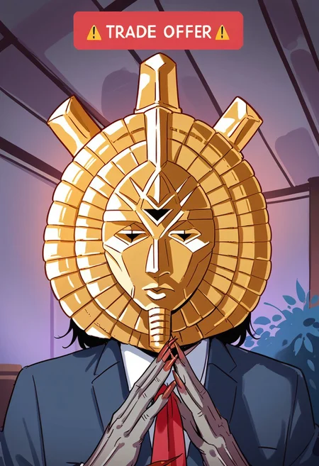 score_8, score_8_up, score_7_up, source_anime, anime screenshot, 1boy, male focus, solo, DagothUr_TES3, grey skin, colored skin, gold mask, mask, third eye, gorget, gold gorget, suit, long fingers, long fingernails, sharp fingernails, own hands together, upper body, standing, full body, looking at viewer, TradeOfferMeme