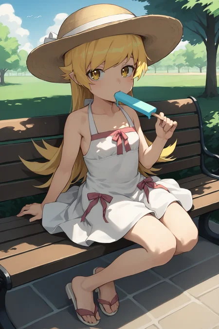 score_9, score_8_up, outdoors, park, sitting on bench, eating popsicle, flip flops
BREAK
1girl, (oshino shinobu), blonde hair, long hair, yellow eyes, summer dress, white dress, sun hat, wide-brimmed hat, looking at viewer
<lora:char-shinobu-pony:1>