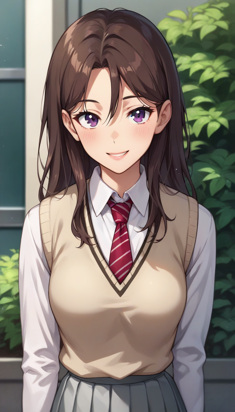 score_9,score_8_up,score_7_up,score_6_up BREAK official art,solo,outdoors,upper body,(portrait:1.5),looking at viewer,facing viewer,smile,blush,Charein Anh,brown hair,long hair,hair between eyes,parted bangs,purple eyes,lips,school uniform,sweater vest,beige vest,red necktie,striped necktie,collared shirt,white shirt,long sleeves,medium breasts,miniskirt,grey skirt,pleated skirt,white socks,loafers,white footwear,<lora:Charein Anh(tb)-Pony>,