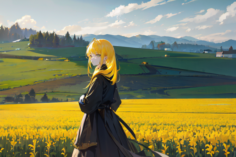 (otherworldly), highly insanely detailed, masterpiece, top quality, best quality, highres, 4k, 8k, RAW photo, (very aesthetic, beautiful and aesthetic), farm, fields, barn, fence, fantfa, <lora:FantasyFarm-10:0>, 
1girl, 
(yellow hair ), 
(dark background),âââ