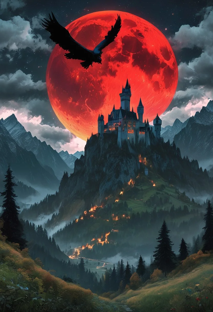 A captivating night scene illustration featuring a forboding and haunted castle on a great great mountain. The castle and mountain are much like Neuschwanstein Castle in Bavaria. This enchanting artwork captures a dark and ominous night, where an ominous red bloodmoon hangs above over the tree covered mountain range and castle which stands resolute amidst the great mountains, winged flying creatures flying around, creating a cinematic experience., illustration, cinematic
<lora:DonM3t3rn1tyXL-v1.1:0.7>, DonM3t3rn1tyXL,
OverallDetailXL <lora:MJ52:0.3> <lora:SDXLFaeTastic2400:0.4> <lora:EpicF4nta5yXL:0.7>