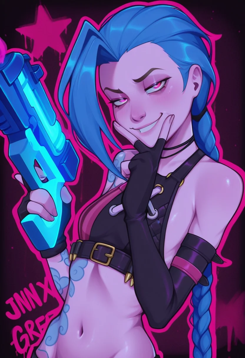 tozierstyle, masterpiece, best quality, solo, jinx\(league_of_legends\), blue hair, skinny, blue hair, smug, holding blue plasma gun, black erratic pink graffiti background,