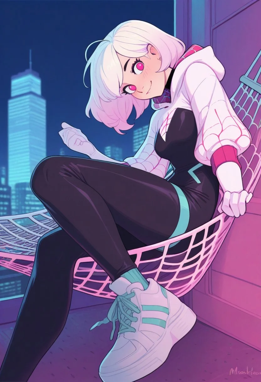 masterpiece,best quality,amazing quality,
artist: melkor,, (artist: incase:0.7), white outline glow, chromatic abberation, blurred background, dimmed background,
1 girl, fit, relaxing, casual, laying in a hammock made of webs, hammock made of white webbing, between two skyscrapers, eating a donut, pink hair highlights,
Gwen Stacy (Spider Gwen series),
Default superhero clothing, skyscraper city location,
detailed character, detailed face, detailed skin, detailed hair,