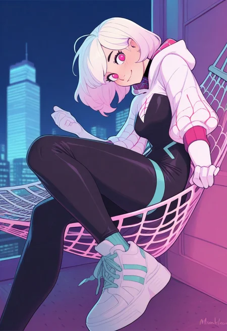 masterpiece,best quality,amazing quality,
artist: melkor,, (artist: incase:0.7), white outline glow, chromatic abberation, blurred background, dimmed background,
1 girl, fit, relaxing, casual, laying in a hammock made of webs, hammock made of white webbing, between two skyscrapers, eating a donut, pink hair highlights,
Gwen Stacy (Spider Gwen series),
Default superhero clothing, skyscraper city location,
detailed character, detailed face, detailed skin, detailed hair,