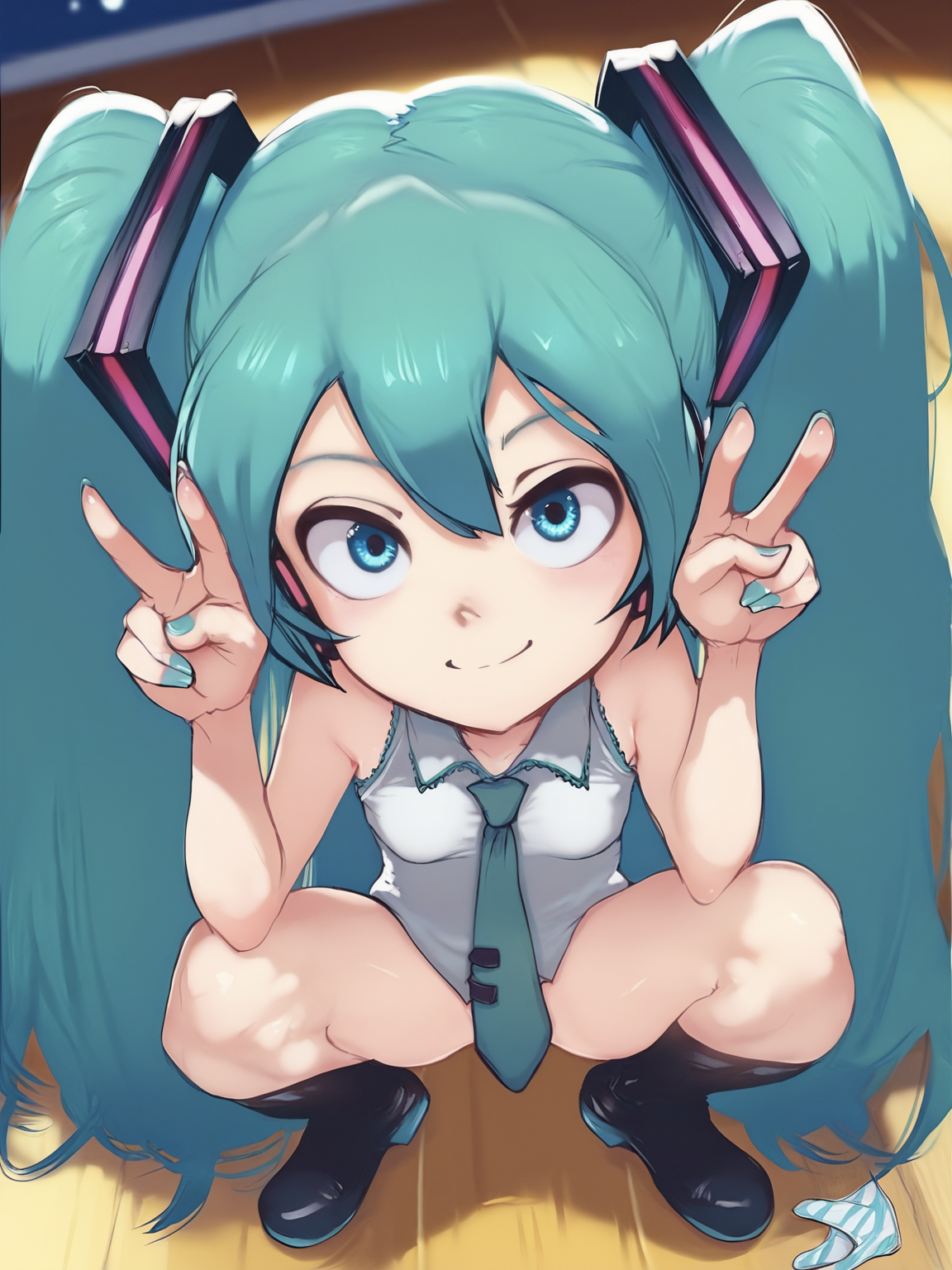 score_9, score_8_up, score_7_up, score_6_up, conoghi_style, BREAK
1girl, hatsune miku, looking at viewer, nail polish, small breasts, solo, blue hair, blue eyes, white shirt, sleeveless shirt, squatting, double v, striped panties removed, stage,
<lora:conoghi_xl-000008:1>