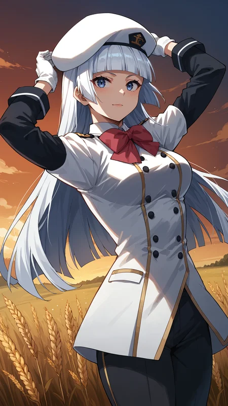 score_9,score_8_up,score_7_up,score_6_up, <lora:xl_more_art-full_v1:0.5>, source_anime, girl, dynamic pose, hands above her head, <lora:Saiko Intelli - Pony-000004:0.8>, long hair, white hair, blunt bangs, blue eyes, monocle, white hat, beret, white uniform, red bow, white gloves, black sleeves, black pants, open field, wheat field, sunset, wind,