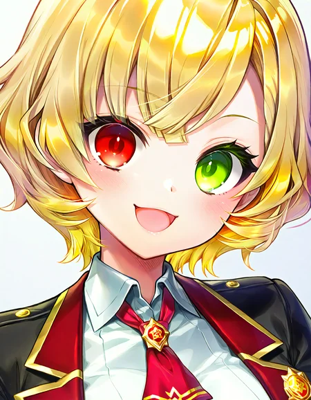 masterpiece, best quality, amazing quality, <lora:charlotte_il:1>, charlotte \(shironeko project\),blonde hair, short hair, red eyes, green eyes, heterochromia, looking at viewer, smile, open mouth