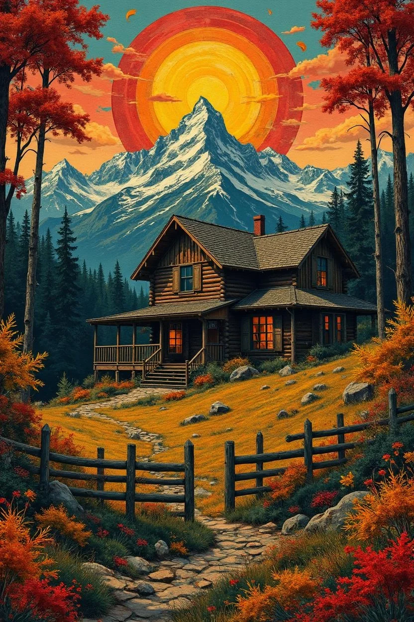 <lora:flux-collagestyle.safetensors:1> darkfantasycollagestyle
In a world where the lines between past and present blur, the log cabin stands as a testament to timeless beauty. The rustic, weathered structure is reimagined with bold, flat colors and clean, outlined forms, evoking the essence of vintage poster art merged with modern illustration. The cabin, with its large wrap-around porch, is framed by a vibrant, autumnal landscape. The sky transitions from a warm, golden dawn to a deep, azure blue, creating a vivid gradient that adds depth and warmth.
The mountains, majestic and snow-capped, are reduced to stylized, symmetrical shapes, their peaks exaggerated for a dreamlike quality. The wooden fence leading to the hill is depicted with simple, striking lines, each board a flat, saturated color. The landscape is alive with symbolic patterns and ornamental details, from intricate leaf designs to floral motifs, all rendered in a regal, elaborate style. The colors are rich—vibrant reds, deep greens, and warm yellows—suggesting the late fall season.
Every element is meticulously designed, yet the overall composition remains graphically coherent, emphasizing symmetry and harmony. The scene exudes a surreal, mythic atmosphere, where the cabin and its surroundings feel both familiar and otherworldly, a perfect blend of the rustic and the fantastical.
