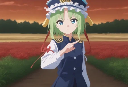 1girl, solo, solo focus, highres, absurdres, shikieiki, green hair, frilled hat, blue eyes, blue headwear, short hair,
long sleeves, black skirt, white shirt, blue vest, red ribbon, epaulettes, small breasts, arm ribbon, buttons,
looking at viewer, head tilt, from side, bare hands, hand up,
spider lily, flower field, night sky, red sky, dark, red theme,