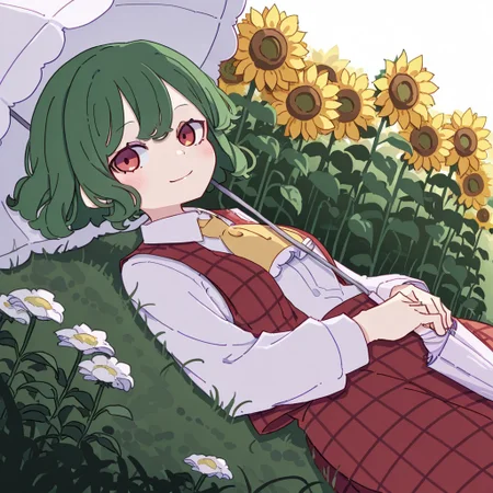 masterpiece, best quality, very aesthetic, absurdres, artist:kame \(kamepan44231\), by kame, kame_official, 1girl, kazami yuuka, ascot, closed mouth, closed umbrella, collared shirt, cowboy shot, day, flower, frilled ascot, frills, green hair, holding umbrella, light smile, long sleeves, looking at viewer, lying, on back, on grass, open clothes, open vest, outdoors, plaid clothes, plaid skirt, plaid vest, red eyes, red skirt, red vest, shirt, short hair, skirt, smile, solo, sunflower, vest, white flower, white shirt, white umbrella, yellow ascot, yellow flower