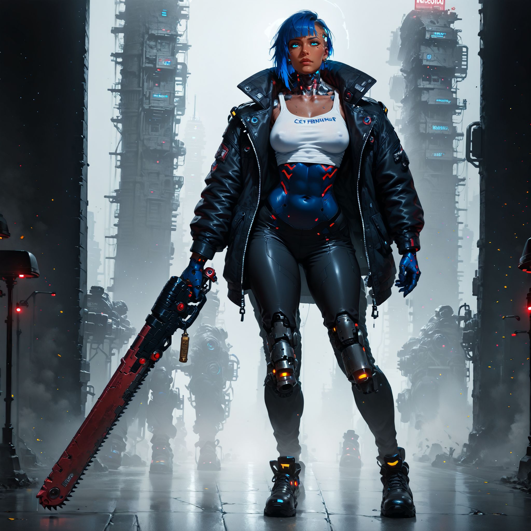 (score_9, score_8_up, score_7_up), masterpiece, , best quality, high quality, highres, cinematic shot,  (neon lights, cyberpunk cityscape, panorama)
BREAK
full body, 1women, dark-skinned female, solo, blue hair, behind cover, (holding a 40kchainsword),
BREAK
(cyborg, cybernetic neck, bionic torso, bionic skin:1), jacket, shirt, pants,
<lora:add-detail-xl:0.8> <lora:Perfect Hands:0.8> <lora:Concept Art Twilight Style SDXL_LoRA_Pony Diffusion V6 XL:0.8> <lora:Expressive_H:0.8>    <lora:sinfully_stylish_SDKL:0.8>  <lora:Chainsword_-_Warhammer_40000_Pony_SDXL:1>