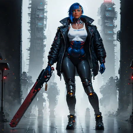 (score_9, score_8_up, score_7_up), masterpiece, , best quality, high quality, highres, cinematic shot,  (neon lights, cyberpunk cityscape, panorama)
BREAK
full body, 1women, dark-skinned female, solo, blue hair, behind cover, (holding a 40kchainsword),
BREAK
(cyborg, cybernetic neck, bionic torso, bionic skin:1), jacket, shirt, pants,
<lora:add-detail-xl:0.8> <lora:Perfect Hands:0.8> <lora:Concept Art Twilight Style SDXL_LoRA_Pony Diffusion V6 XL:0.8> <lora:Expressive_H:0.8>    <lora:sinfully_stylish_SDKL:0.8>  <lora:Chainsword_-_Warhammer_40000_Pony_SDXL:1>