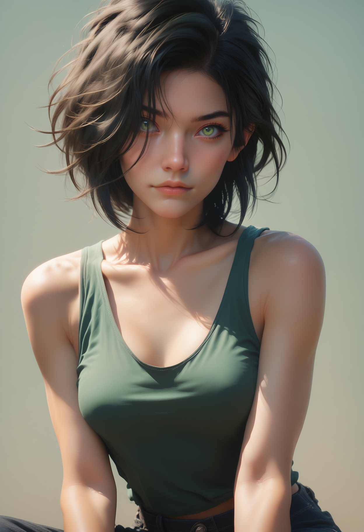 score_9, score_8_up, score_7_up, rating_safe,
1girl, solo, jade tank top,
 <lora:Dark_Jade_Pony_v0.3:0.6> d4rkj4d3, black hair, green eyes,