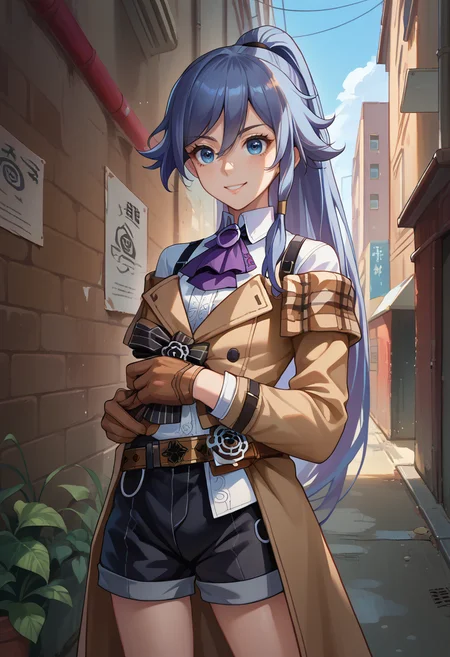 score_9, score_8_up, source_anime, HuaHotF, blue eyes, blue hair, long hair, high ponytail, monocle, detective, brown coat, white collared shirt, purple ascot, brown gloves, brown belt, black shorts, outdoors, alley, smile, <lora:ChamFuHuaPonyXL:1>