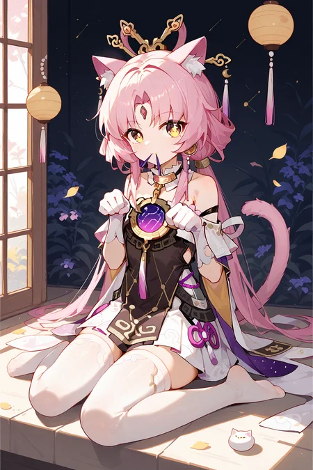 (score_9,score_8_up,score_7_up),<lora:Fu Xuan(Honkai Star Rail)-v1-000006:0.8>,Fu Xuan(Honkai Star Rail),1girl,solo,pink hair,tail,cat tail,wariza,thighhighs,sitting,looking at viewer,animal ears,white thighhighs,long hair,mouth hold,cat ears,yellow eyes,bangs,dress,bare shoulders,full body,paw pose,cat girl,white gloves,no shoes,closed mouth,
good feet,anime,NSFW,expressive,amazing quality,ultra hd 32k,