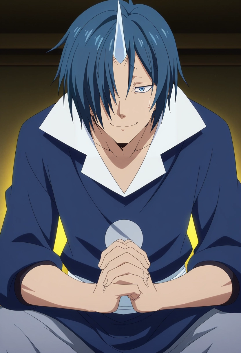masterpiece, best quality, anime screencap, official style, anime coloring, cowboy shot, 1boy, solo, male focus, <lora:souei_tensura_ilxl:0.9>, souei_tensura, blue hair, blue eyes, hair over one eye, single horn, , smiling awkwardly, hands clasped, nervous expression, sitting pose, bright lighting,