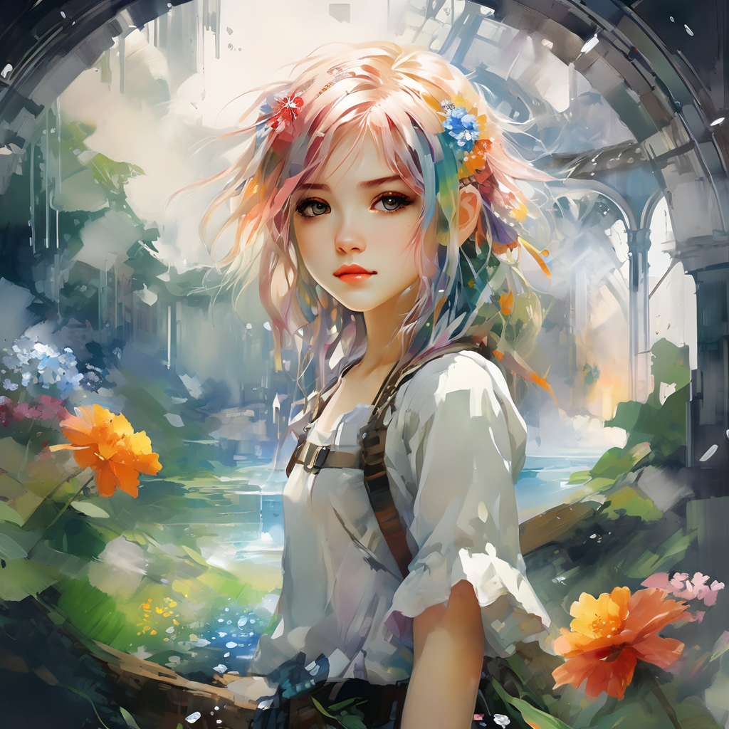 8k Wallpaper,grand,(((masterpiece))),(((best quality))),((ultra-detailed)),(illustration),((an extremely delicate and beautiful)),dynamic angle,rainbow hair,detailed cute anime face,detailed anime style,(((masterpiece))),an extremely delicate and beautiful girl,flower,cry,water,corrugated,flowers tire,broken glass,(broken screen),atlantis,transparent glass,
oil and watercolor painting,<lora:oil_and_watercolor_painting:0.8>,