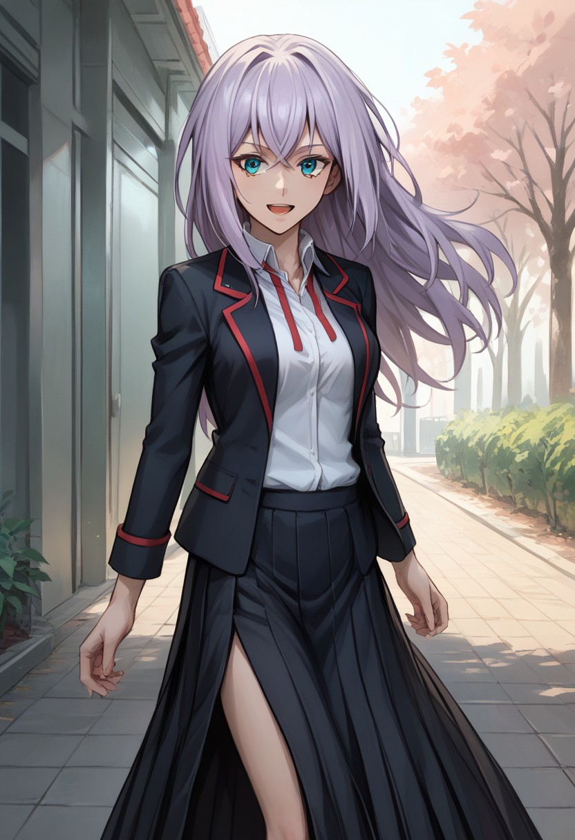 score_9, score_8_up, score_7_up, source_anime, good anatomy, 1girl, solo, MisakiTokura, lavender hair, cyan eyes, long hair, MisakiUniform, uniform, open clothe, open blazer, black blazer with red trim, white shirt, red ribbon, long skirt, side slit, boots, standing, smiling, open mouth, thigh
