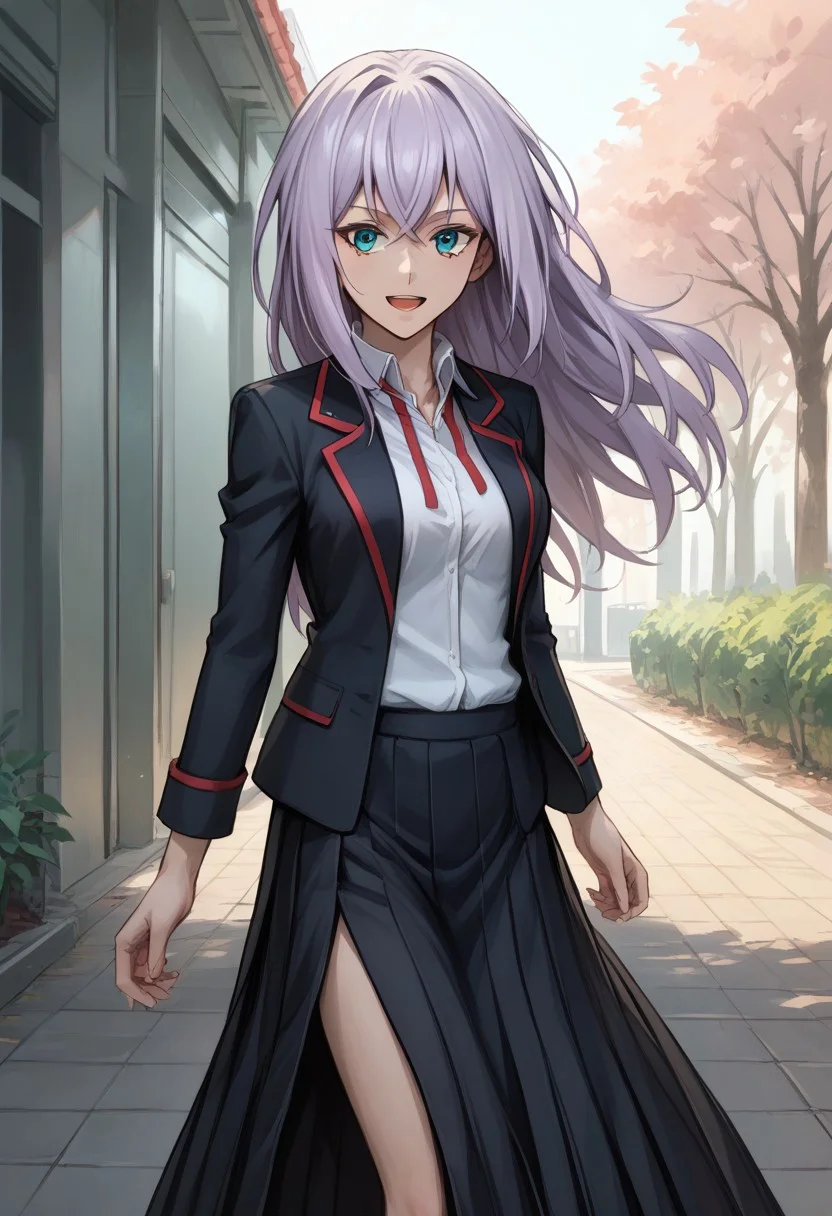 score_9, score_8_up, score_7_up, source_anime, good anatomy, 1girl, solo, MisakiTokura, lavender hair, cyan eyes, long hair, MisakiUniform, uniform, open clothe, open blazer, black blazer with red trim, white shirt, red ribbon, long skirt, side slit, boots, standing, smiling, open mouth, thigh