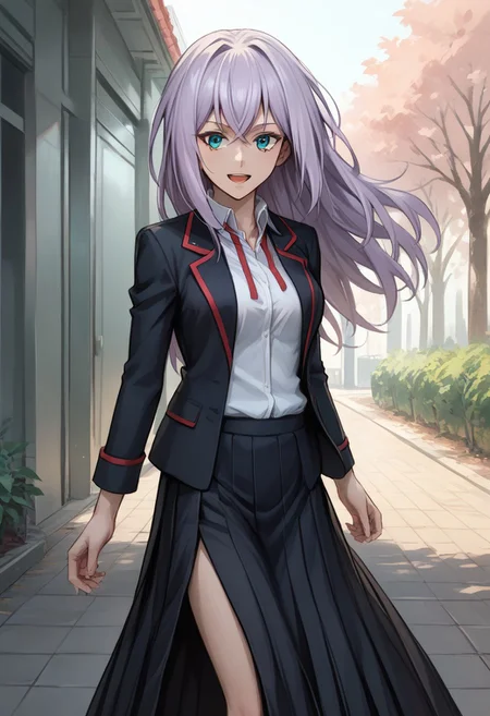 score_9, score_8_up, score_7_up, source_anime, good anatomy, 1girl, solo, MisakiTokura, lavender hair, cyan eyes, long hair, MisakiUniform, uniform, open clothe, open blazer, black blazer with red trim, white shirt, red ribbon, long skirt, side slit, boots, standing, smiling, open mouth, thigh