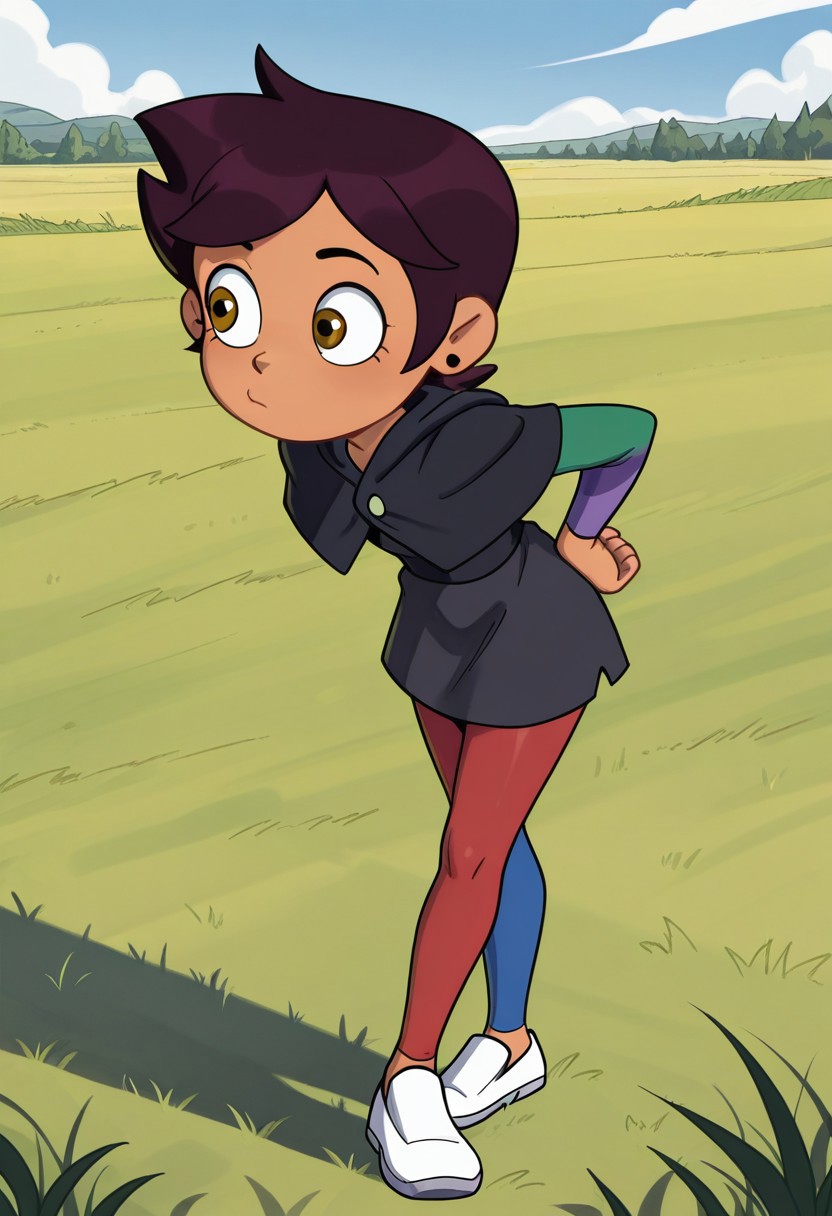 masterpiece, best quality, 1girl, solo, Luz Noceda, tan skinned, golden-brown eyes, dark brown hair, round black earrings, black capelet, black dress, black sash, multicolor sleeves, multicolor pantyhose, white loafer sneakers, tohstyle, posing, pose, outdoors, grass, day, sky, blue sky,
