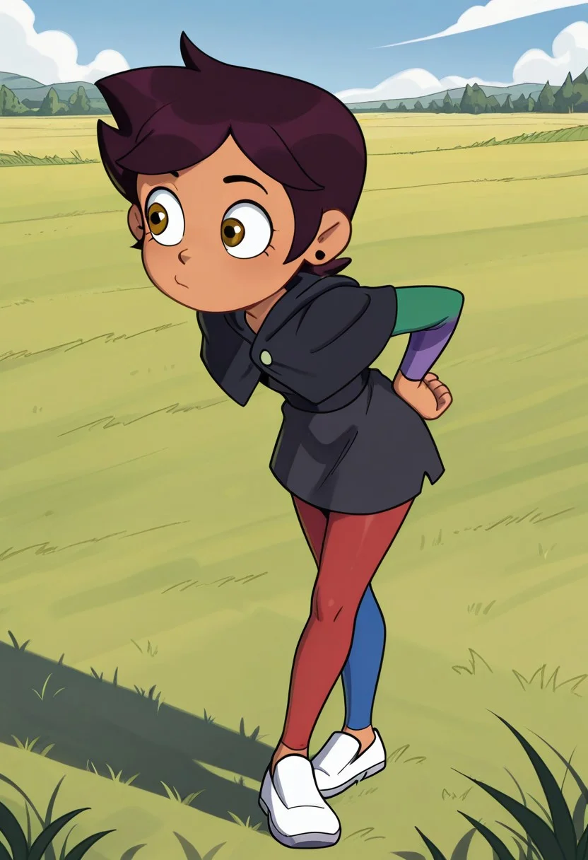 masterpiece, best quality, 1girl, solo, Luz Noceda, tan skinned, golden-brown eyes, dark brown hair, round black earrings, black capelet, black dress, black sash, multicolor sleeves, multicolor pantyhose, white loafer sneakers, tohstyle, posing, pose, outdoors, grass, day, sky, blue sky,