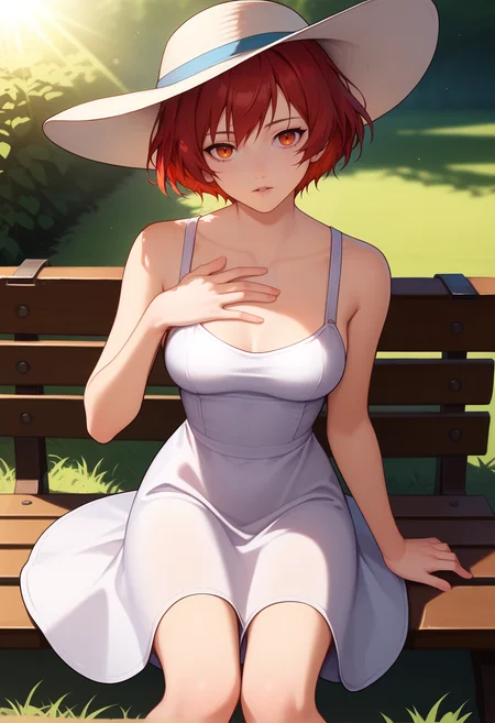 score_9, score_8_up, score_7_up, source_anime, 1girl, solo,
<lora:Maia_Kutoinu_V1:.85>, KJOmaia, red hair, orange eyes, short hair,
sundress, bare shoulders, sun hat,
sitting on bench, looking at viewer, expressionless, parted lips, looking at viewer, hand on chest, head tilt,
park, grass, trees, daytime, light rays,
(Beautiful, medium Breasts:1.2), natural breasts,