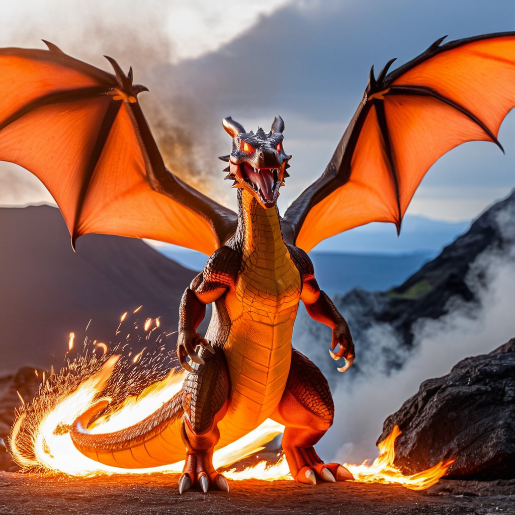 Radiant Darkness, close up of charizard breathing realistic fire, (fire breath:1.4), (fire from mouth:1.4), spitting fire, Charizard Pokemon, flame-tipped tail, wings, two wings, no humans, (volcano:1.3), open_mouth, outdoors, pokemon (creature), sky <lora:Radiant_Darkness:1> ziprealism
