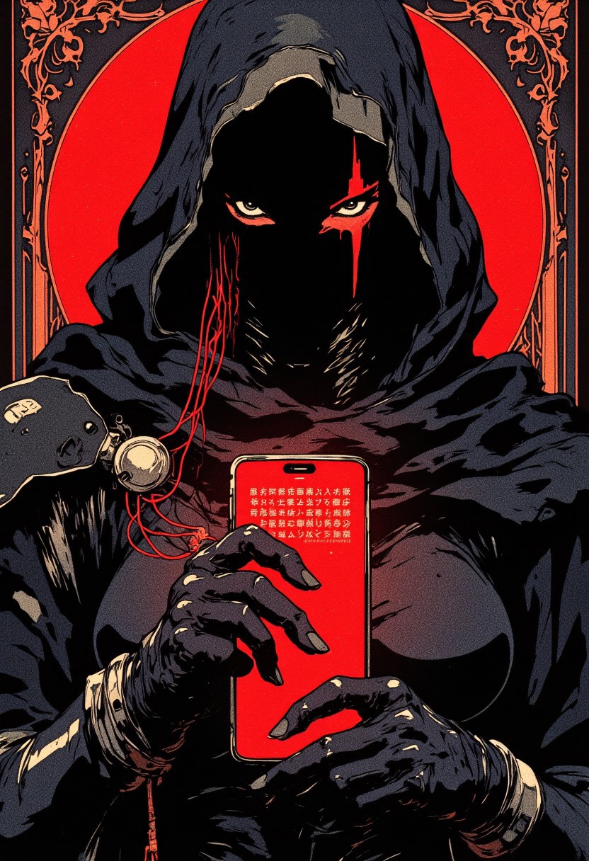 Flat color ff-fbs style image, Slomesty. This striking, high-contrast composition in deep matte black, blood-red highlights, and faint silver accents evokes the tension of a silent, unseen predator. The Art Nouveau-inspired curves now resemble the intricate, flowing etchings of a masterfully crafted blade, each line precise yet organic, balancing lethal intent and elegance. The elongated, stylized ninja is a shadow given form, clad in a skin-tight, segmented bodysuit of woven nanofibers, designed to absorb light and distort perception. The armor plating is minimal, placed like the exoskeleton of an otherworldly predator, with her hood draped low, merging with the void. A single, glistening red streak marks her mask, the only break in her obsidian silhouette.
In this close-up portrait, she gazes directly at the viewer over the sleek, glowing smartphone she holds in both hands. The deep crimson screen casts ominous shadows over her concealed features. A faint, encrypted message scrolls across the display in an unknown language—perhaps her next target, or the final words of an enemy already defeated. Thin, red-tinted wires extend from her fingertips, connecting to the phone’s surface like cybernetic nerves feeding directly into the device.