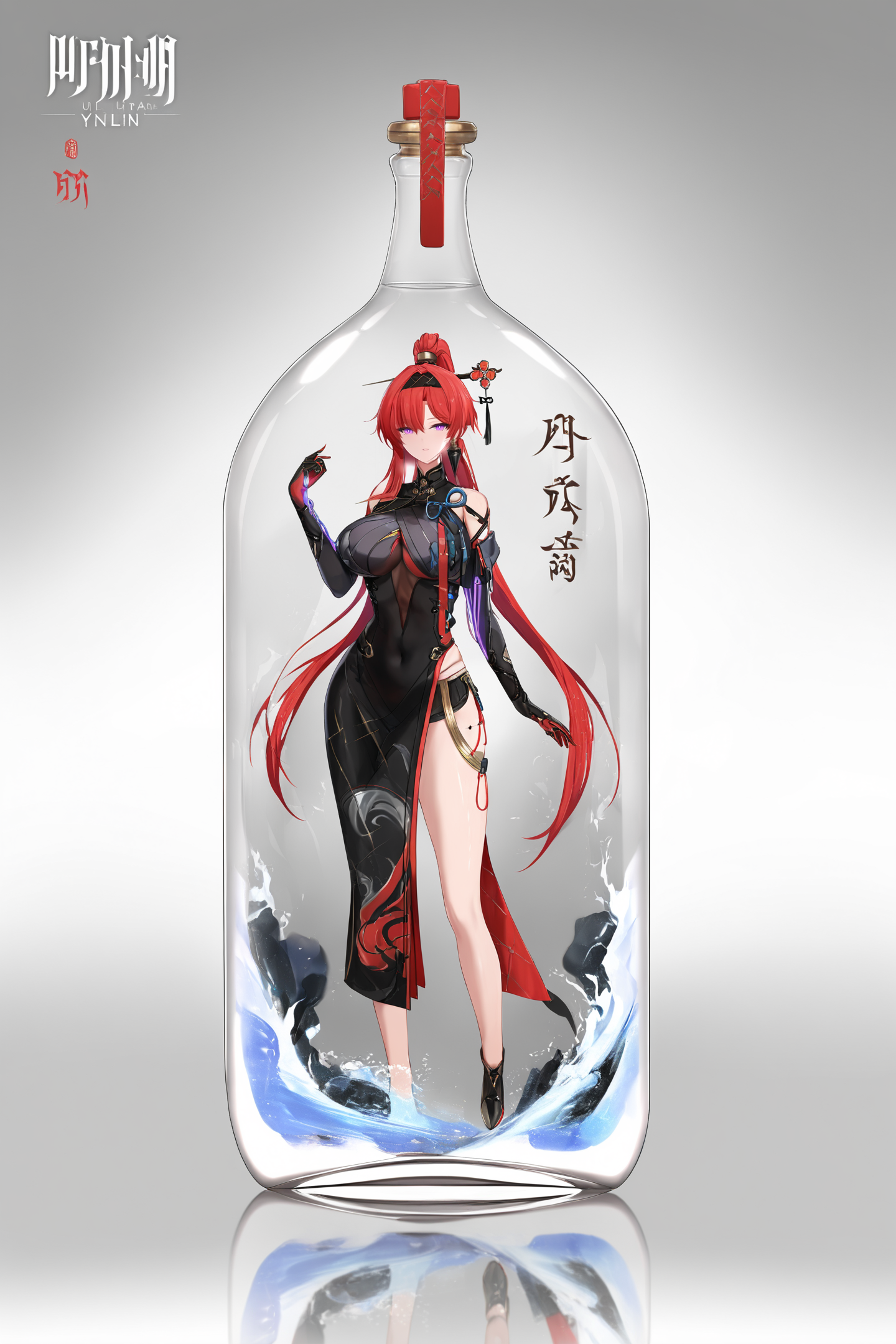 8k, best quality, masterpiece, (ultra-detailed:1.1), (high detailed skin), 
<lora:yinlin-A3-Tanger:0.8>, yinlin, def clothes, 1girl, red hair, purple eyes, dress, hair stick, breasts, gloves, 
<lora:jijiav2-a3-Tanger-000005:0.8>, jjijia, 2d, anime, 1girl, solo, long hair, breasts, looking at viewer, in container, bangs,  standing, hand up, character name, large breasts, grey background, reflection, medium breasts, copyright name, gradient, a glass bottle with a picture of a woman on it, a picture of a girl inside a clear container with a bunch of stuff in it,