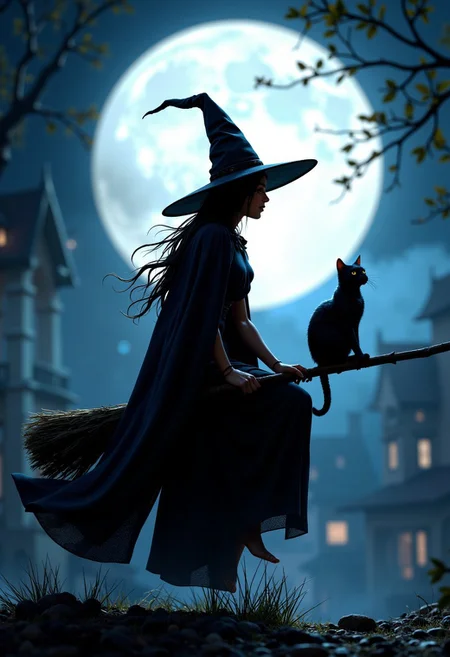 Matesrpiece. Illustration of a silluette of witch and her cat sitting on a broomstick in front of a full moon. The witch is wearing a pointed hat and a long cloak. The cat is sitting on the broomstick behind the witch. The background is dark, with a hint of blue and white, and the moon is partially visible behind a fog. The overall mood of the image is eerie and mysterious. high-res, semi realistic, best quality, intricate details, ultra details, good lighting, vibrant colors, very detailed, octane render, ray tracing, mythp0rt