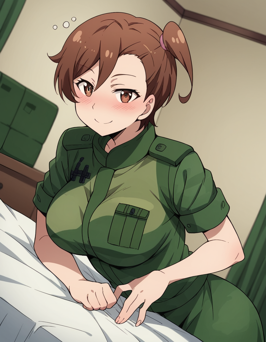 score_9, score_8_up, score_7_up, source_anime, <lora:shino-kuribayashi-s1s2-ponyxl-lora-nochekaiser:1>, shino kuribayashi, short hair, brown hair, brown eyes, side ponytail, large breasts,, uniform, military, military uniform, green uniform,, indoors, bed, bed room, on side, blush, drunk,, smile, looking at viewer, hand on stomach, blush,, solo,, cowboy shot, dutch angle