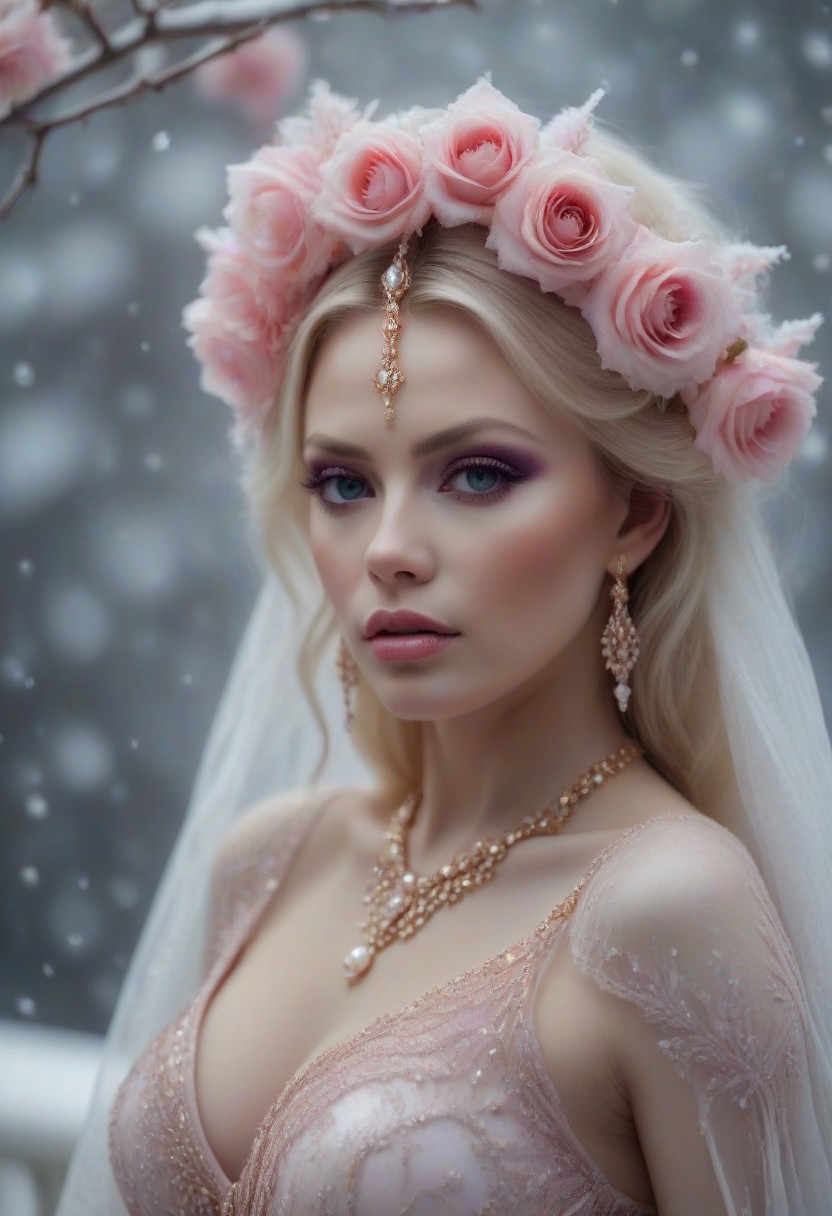 1female, 45 years old, Chubby, snub nose, Silvia saint look,  big breasts, (delicate face, beautiful eyes, natural, eye contact), 
Real sharp photo, snowing, snowflakes in the air, blurred background, Black, pink, fuchsia, white portrait of a gorgeous sexy princess, caucasian, white milky makeup, ethnic long dress with floral gowns, pink high heels, hair ornament made of blooming flowers, crystals, blurry background, tiara, earrings, facing the viewer, ((sits on a white bench, showing her left legg)), amidst snowflakes, rose gold minerals, shiny aura, highly detailed, frozen organically grown crystals, gold and pearl filigree, intricate motifs, organic tracery, Kirnan Shipka, Januz Miralles, Hikari Shimoda, glowing stardust by W. Zelme. A mesmerizingly enchanting scene unfolds in this cinematic film still.
full body photo, scenic, shallow depth of field, vignette, highly detailed, high budget Hollywood film, bokeh, cinemascope, moody, epic, gorgeous, film grain, Canon EOS R,Canon RF 85mm F1.2L USM, ISO 100