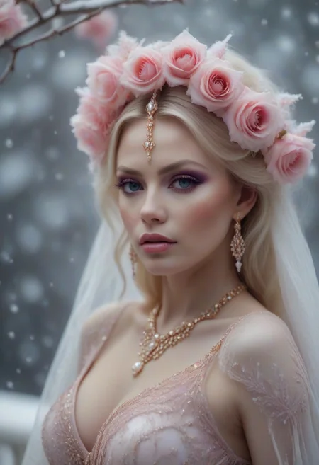 1female, 45 years old, Chubby, snub nose, Silvia saint look, big breasts, (delicate face, beautiful eyes, natural, eye contact),
Real sharp photo, snowing, snowflakes in the air, blurred background, Black, pink, fuchsia, white portrait of a gorgeous sexy princess, caucasian, white milky makeup, ethnic long dress with floral gowns, pink high heels, hair ornament made of blooming flowers, crystals, blurry background, tiara, earrings, facing the viewer, ((sits on a white bench, showing her left legg)), amidst snowflakes, rose gold minerals, shiny aura, highly detailed, frozen organically grown crystals, gold and pearl filigree, intricate motifs, organic tracery, Kirnan Shipka, Januz Miralles, Hikari Shimoda, glowing stardust by W. Zelme. A mesmerizingly enchanting scene unfolds in this cinematic film still.
full body photo, scenic, shallow depth of field, vignette, highly detailed, high budget Hollywood film, bokeh, cinemascope, moody, epic, gorgeous, film grain, Canon EOS R,Canon RF 85mm F1.2L USM, ISO 100
