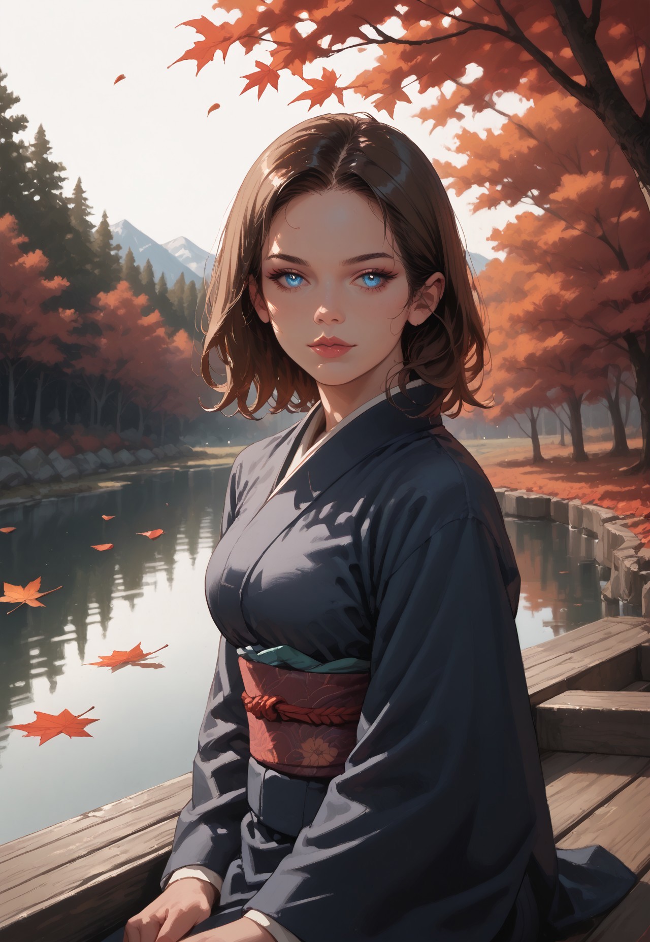 safe_pos, 1woman, mature, beautiful face, hourglass body, glossy skin, large breast, blue eyes, (brown hair, medium hair),

BREAK,

sitting, serene expression, looking at distance, 

BREAK,

kimono, long flowing sleeves, obi sash, detailed fabric patterns, floral design,

BREAK,

autumn scenery, falling red leaves, maple trees, misty pond, floating leaves, backlighting, warm golden glow, soft rim light, cinematic lighting, rule of thirds, dynamic angle, slightly high angle shot, soft focus background, (detailed clouds), mountains,

BREAK,

score_9, score_8_up, score_7_up, 8k, beautiful, detailed background, detailed body, intricate details, rating_explicit, detailed eyes, sinozick style, rimixa, invncbl, present day, bokeh effect, blurred background, cinematic framing,