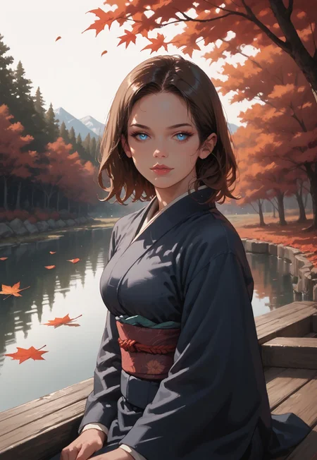 safe_pos, 1woman, mature, beautiful face, hourglass body, glossy skin, large breast, blue eyes, (brown hair, medium hair),

BREAK,

sitting, serene expression, looking at distance, 

BREAK,

kimono, long flowing sleeves, obi sash, detailed fabric patterns, floral design,

BREAK,

autumn scenery, falling red leaves, maple trees, misty pond, floating leaves, backlighting, warm golden glow, soft rim light, cinematic lighting, rule of thirds, dynamic angle, slightly high angle shot, soft focus background, (detailed clouds), mountains,

BREAK,

score_9, score_8_up, score_7_up, 8k, beautiful, detailed background, detailed body, intricate details, rating_explicit, detailed eyes, sinozick style, rimixa, invncbl, present day, bokeh effect, blurred background, cinematic framing,