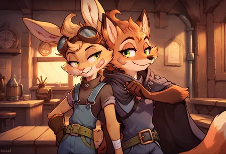 score_9_up, score_8_up, score_7_up, 2girls, (ayala, rabbit, brown fur, green eyes, hair, cheek tuft, goggles on head, eyewear, band-aid, overalls, gloves, rolled sleeves, belt, single glove, toothpick, half-closed eyes) next to (fleetFox, fox, green eyes, cloak, sleeveless shirt, pants, belt, smile), fleetFox with her arm around ayala, size difference, eye contact, indoors, medieval tavern