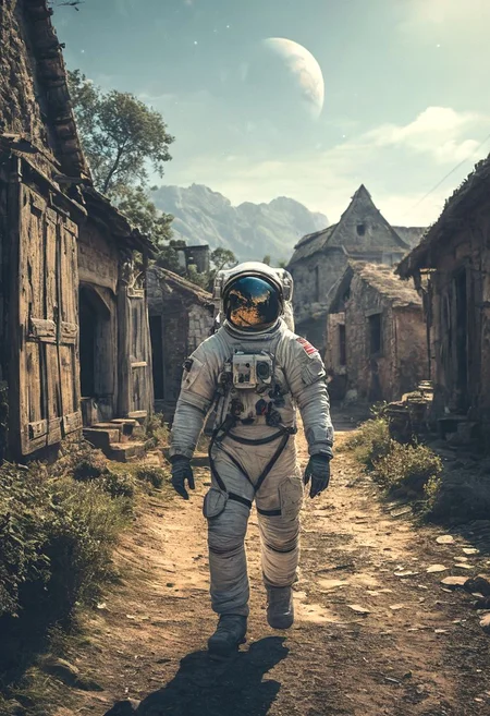 photo of astronaut walking in a old village in the background