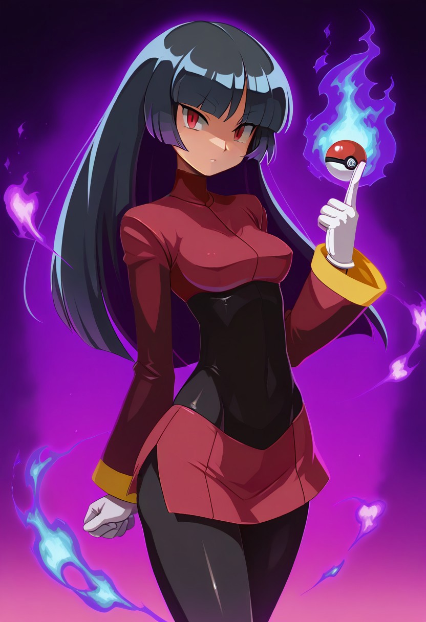 masterpiece, best quality,
zzSabrina, red eyes, long hair, blunt bangs, sabrina (pokemon), purple hair, pantyhose, black hair, long sleeves, red skirt, white gloves, black bodysuit, 
one finger up, floating pokeball, purple glow, 
purple aura, 
purple fire in background, 
cowboy shot, looking at viewer, shiny skin,