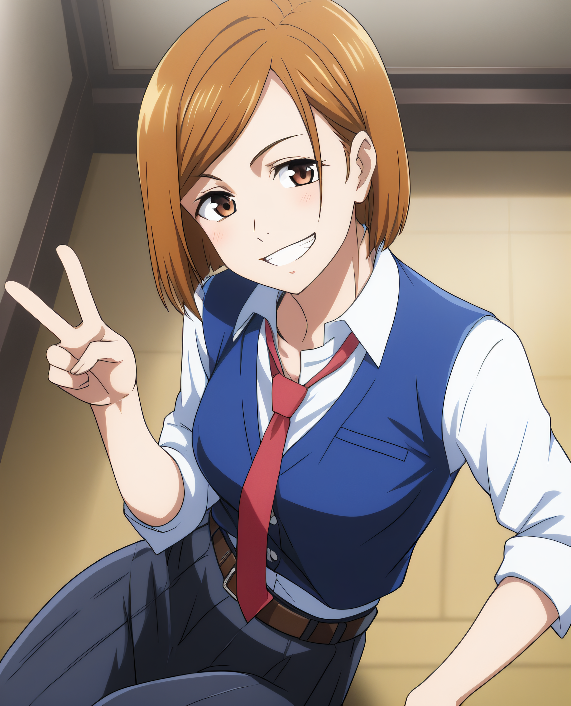 Nobara, 1girl,looking at viewer,smile,short hair,bangs,skirt,brown hair,shirt,long sleeves,brown eyes,sitting,school uniform,jacket,white shirt,upper body,necktie,collared shirt,belt,pants,indoors,black skirt,grin,dress shirt,v,swept bangs,,blue shirt,sleeves rolled up,brown belt,kugisaki nobara<lora:Spike:0.7>