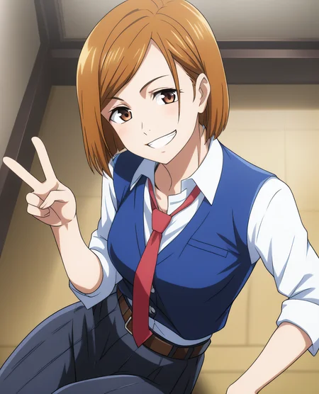 Nobara, 1girl,looking at viewer,smile,short hair,bangs,skirt,brown hair,shirt,long sleeves,brown eyes,sitting,school uniform,jacket,white shirt,upper body,necktie,collared shirt,belt,pants,indoors,black skirt,grin,dress shirt,v,swept bangs,,blue shirt,sleeves rolled up,brown belt,kugisaki nobara<lora:Spike:0.7>