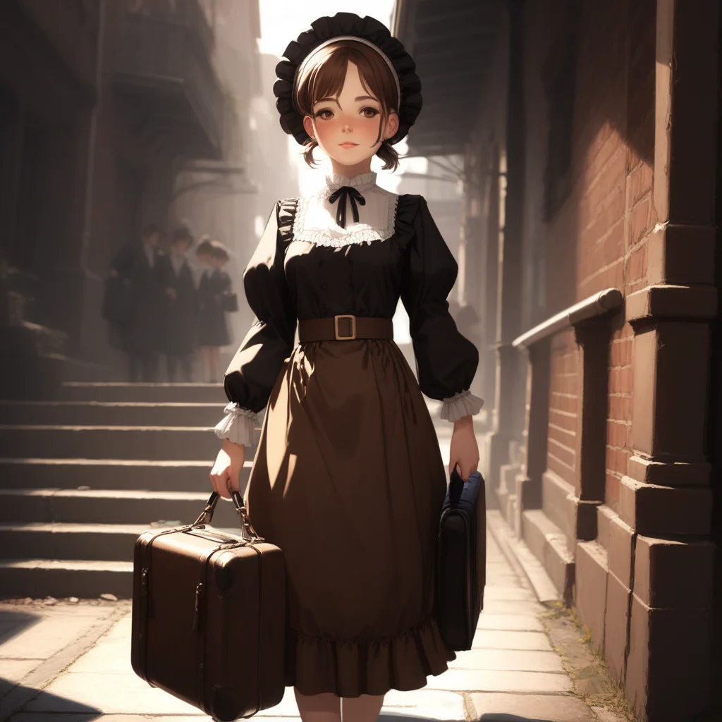 ultra highres, extremely detailed, cinematic lighting, 1girl, bag, belt, black dress, brown hair, dress, earrings, hair bun, handbag, hat, holding, holding bag, jewelry, long sleeves, looking at viewer, maid headdress, multiple girls, pouch, short hair, smile, stairs, standing, suitcase